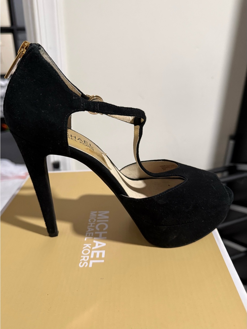 Michael Kors Black Suede T-Strap Platform Pumps with Gold Hardware